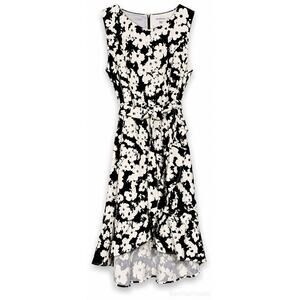 Calvin Klein Black White Floral Midi Dress Tie Waist Elegant Occasion Chic Sz 14